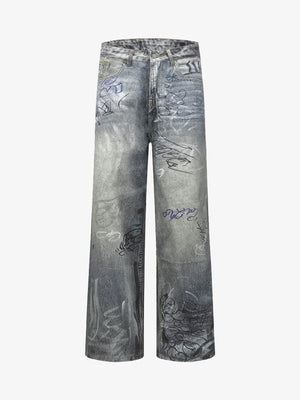 Vintage Graffiti Scribble Wash Straight Leg Jeans 