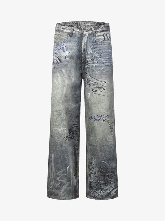 Vintage Graffiti Scribble Wash Straight Leg Jeans 