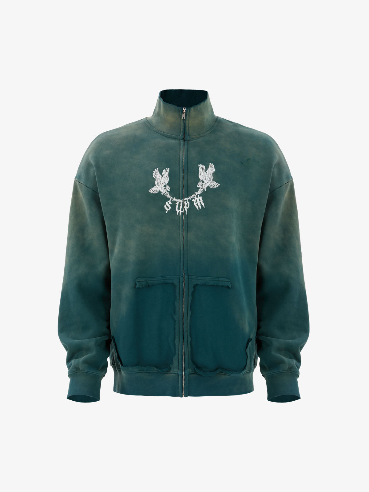 Supermade Gradient Eagle Embroidery Distressed Stand Collar Sweatshirt Jacket 