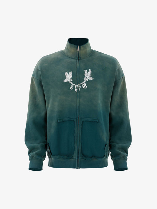 Supermade Gradient Eagle Embroidery Distressed Stand Collar Sweatshirt Jacket 
