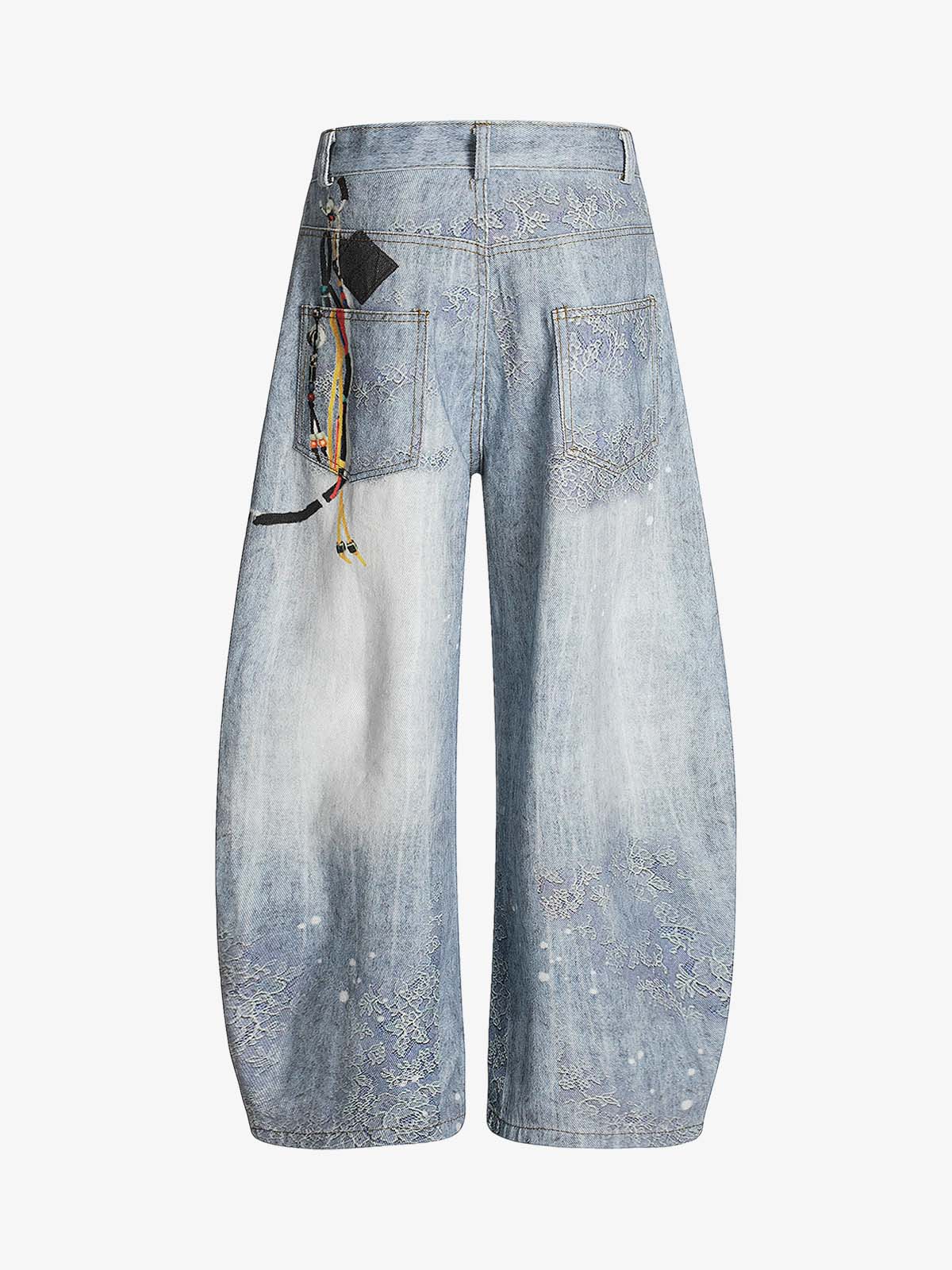 Ribbon Print Scimitar Wide-Leg Jeans 