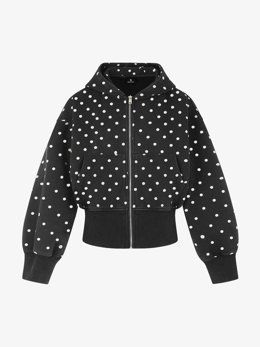 Distressed Polka Dot Ribbed Zip-Up Hoodie