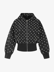 Distressed Polka Dot Ribbed Zip-Up Hoodie
