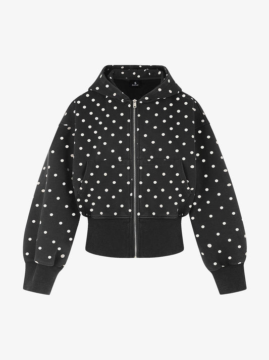 Distressed Polka Dot Ribbed Zip-Up Hoodie