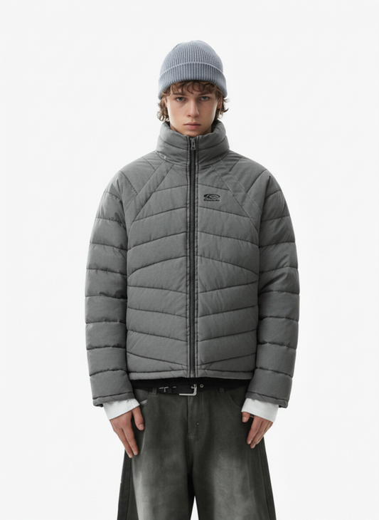 Retro Washed Quilted Puffer Stand Collar Zip Up Jacket 