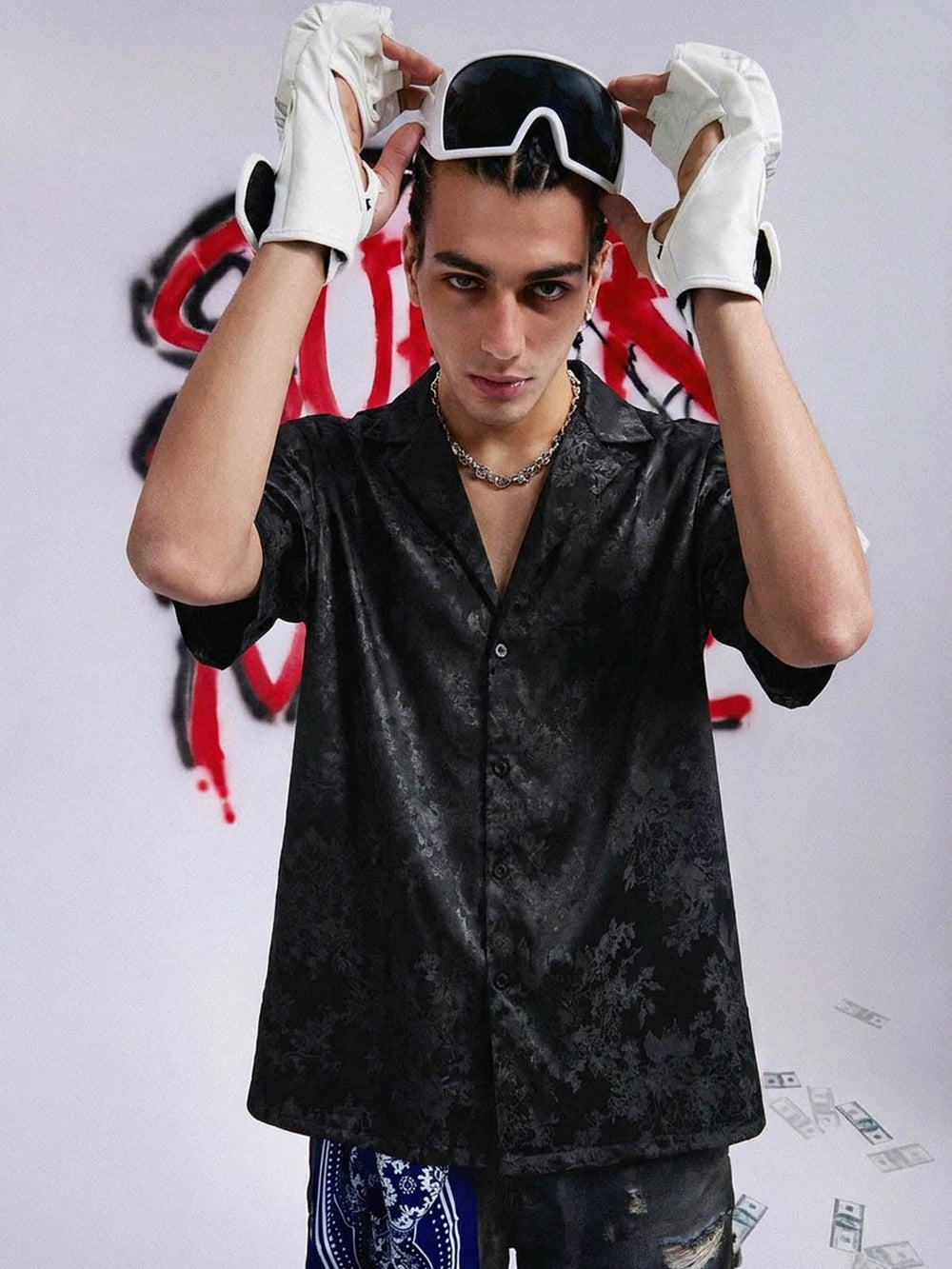 Thesupermade Leaves Pattern  Black Vintage Shirts 