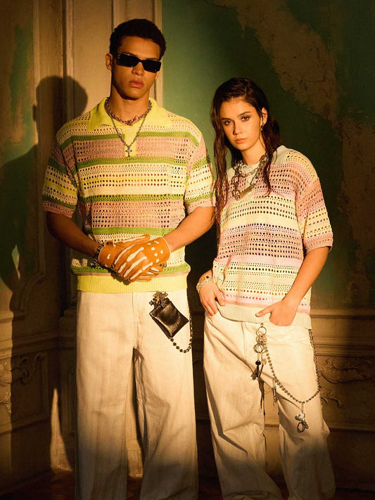 Knitted Striped Polo Shirt for Kids with Colorful Horizontal Patterns and Breathable Design 