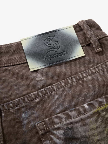 Retro Graffiti Painted Distressed Wide-Leg Jeans 