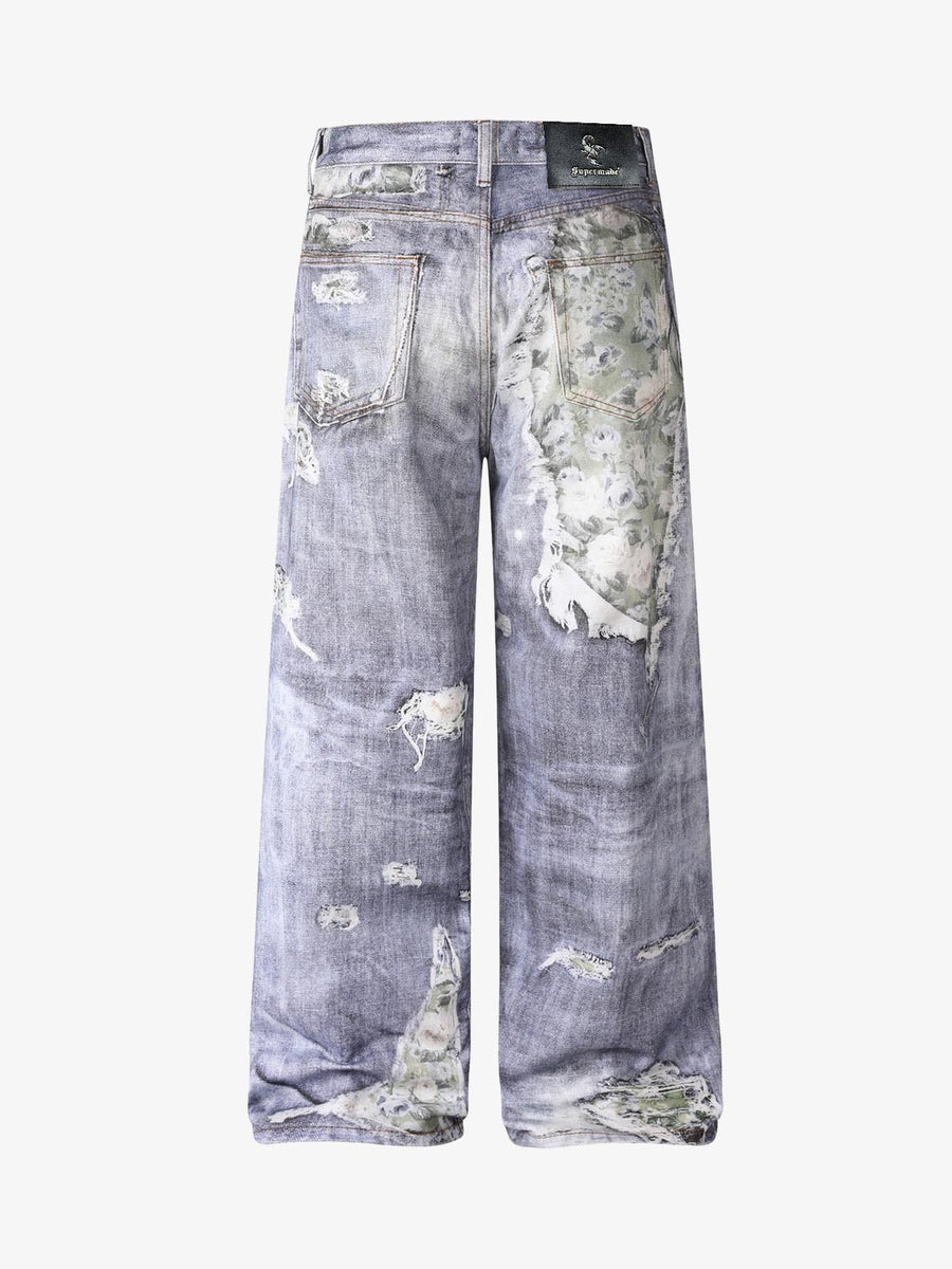 3D Graphic Distressed Wide-Leg Jeans