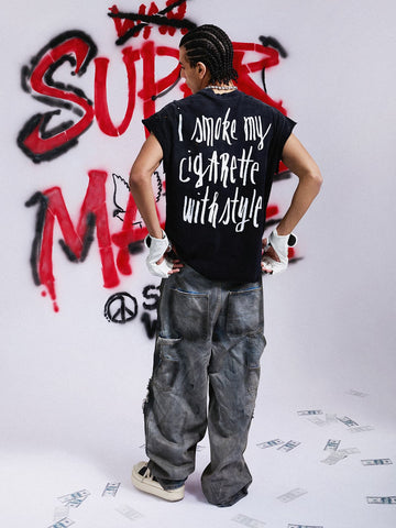 Vintage Distressed Hole Washed Letter Print Sleeveless Knit T-Shirt 
