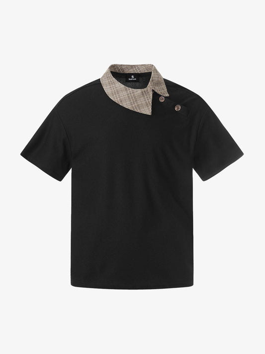Plaid Collar Asymmetrical Button T-Shirt