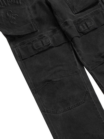 Scorpion-Embossed Multi-Pocket Distressed Cargo Jeans