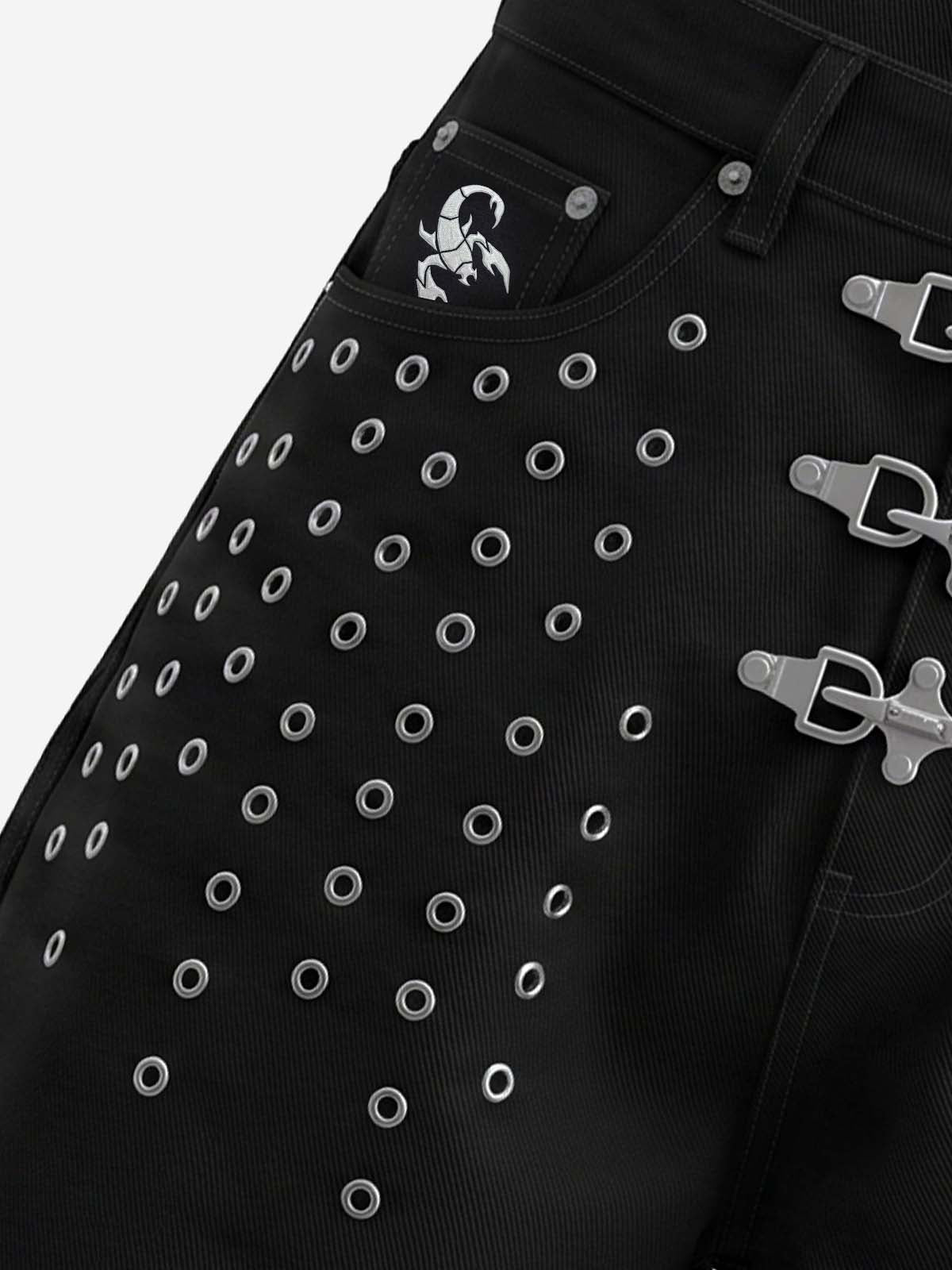 Scorpion Embroidered Anchor-Buckle Denim Shorts