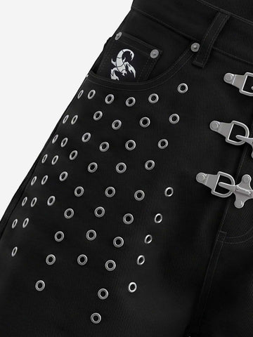 Scorpion Embroidered Anchor-Buckle Denim Shorts
