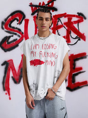 Grunge Slogan Print Distressed Raw Hem Sleeveless T-Shirt - 2612 