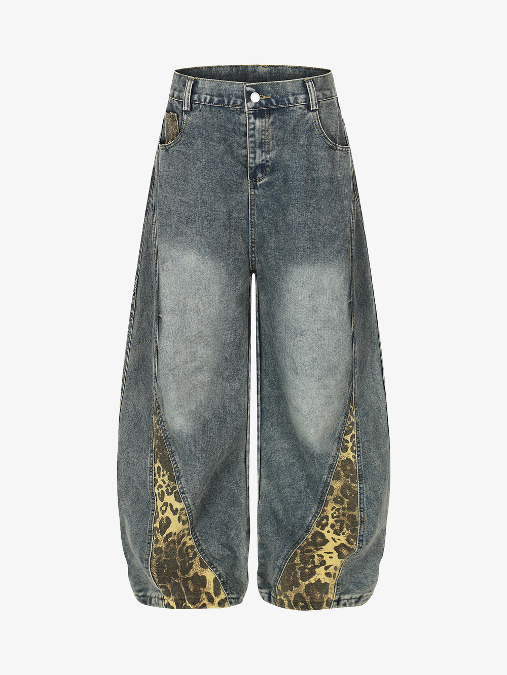 Leopard Hem Washed Curved-Leg Jeans