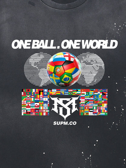 Unisex distressed loose-fitting cotton short-sleeved T-shirts featuring a "One ball, one world" slogan print and an ink-splatter wash finish. 