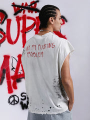 Grunge Slogan Print Distressed Raw Hem Sleeveless T-Shirt - 2612 