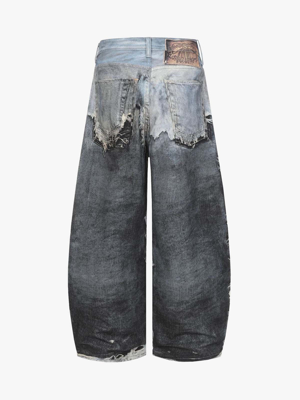 Distressed Patchwork Wide Leg Washed Denim Jeans 