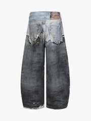 Distressed Patchwork Wide Leg Washed Denim Jeans 