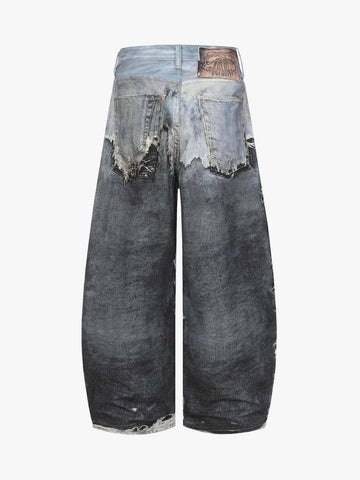 Distressed Patchwork Wide Leg Washed Denim Jeans 