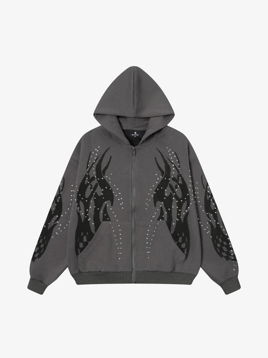 Stylish Purple Hoodie with Unique Flame Design and Rhinestone Accents 