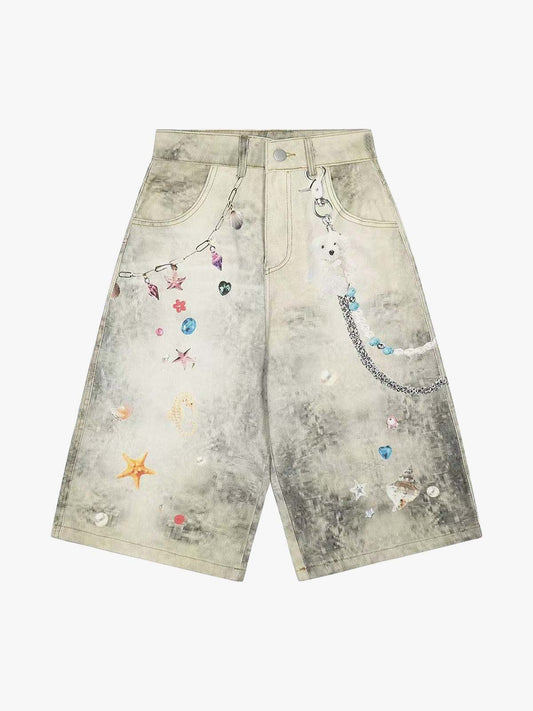 Distressed Denim Shorts with Chain Detail and Embellishments 