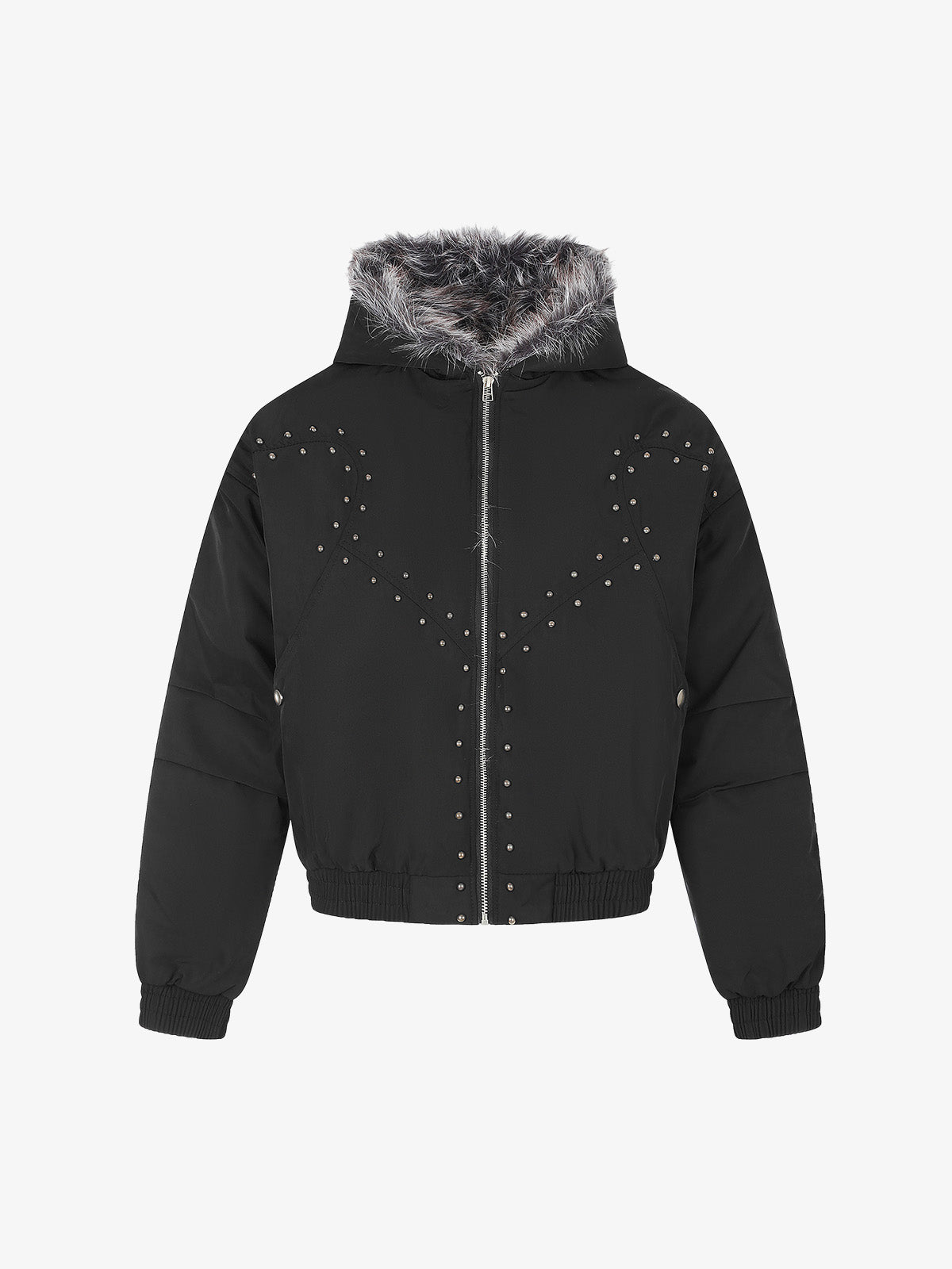 Studded Hooded Faux-Fur Collar Padded Coat