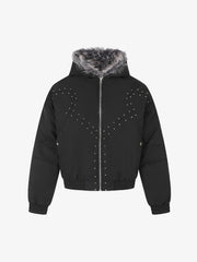 Studded Hooded Faux-Fur Collar Padded Coat