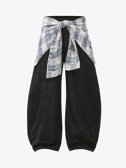 Stylish Wide-Leg Pants with Plaid Tie Belt - Perfect for Casual and Fashionable Looks 