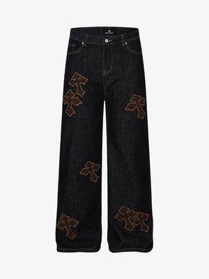 Stylish Cross-Embroidered Wide-Leg Jeans for Women - Perfect for Casual and Fashionable Looks 