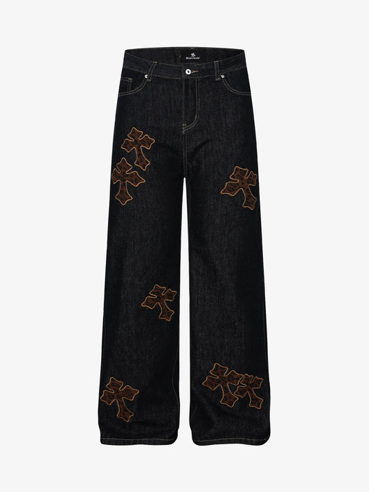 Stylish Cross-Embroidered Wide-Leg Jeans for Women - Perfect for Casual and Fashionable Looks 