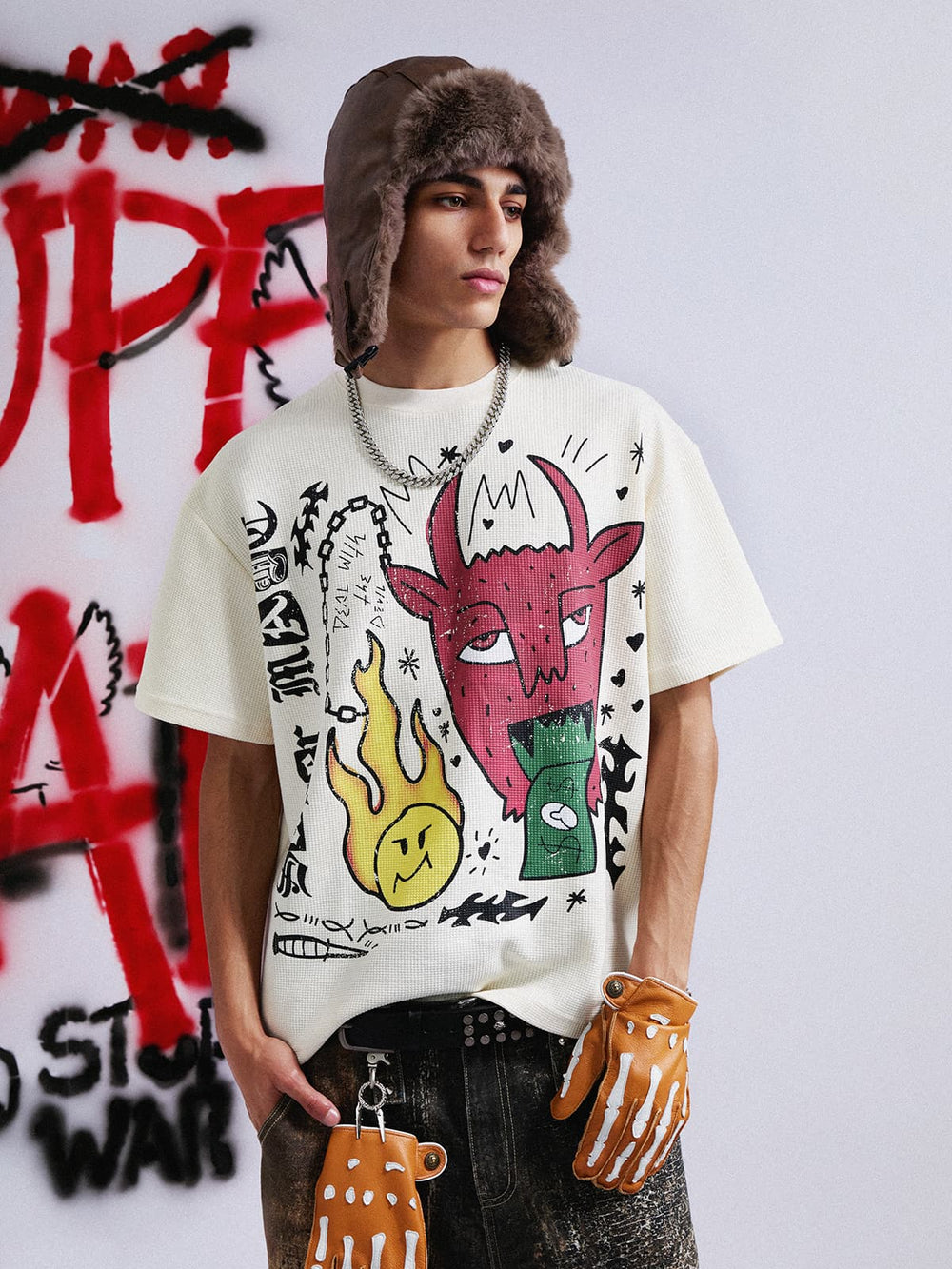 Waffle Knit Graffiti Devil Graphic Oversized T-Shirt 