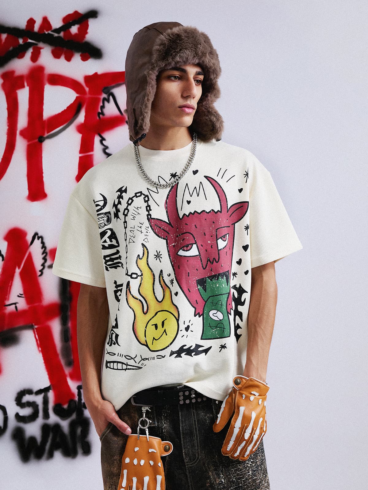 Waffle Knit Graffiti Devil Graphic Oversized T-Shirt 