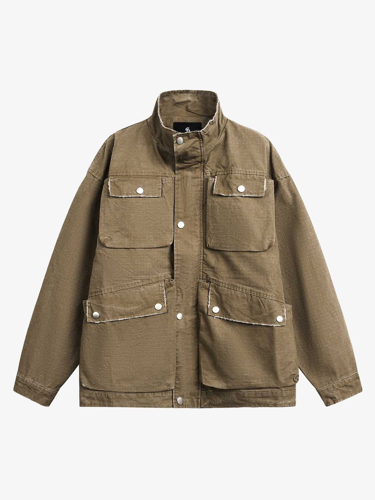 Washed Stand Collar Multi Pocket Jacket