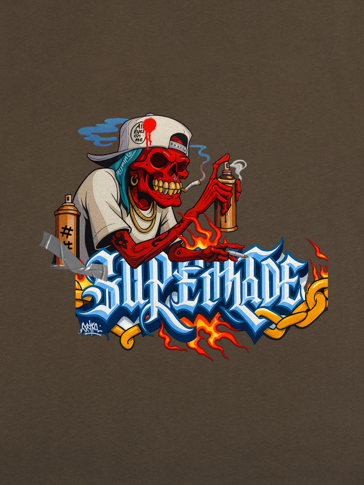 Thesupermade Skull Graffiti Artist Flame Flower Font T-shirt 