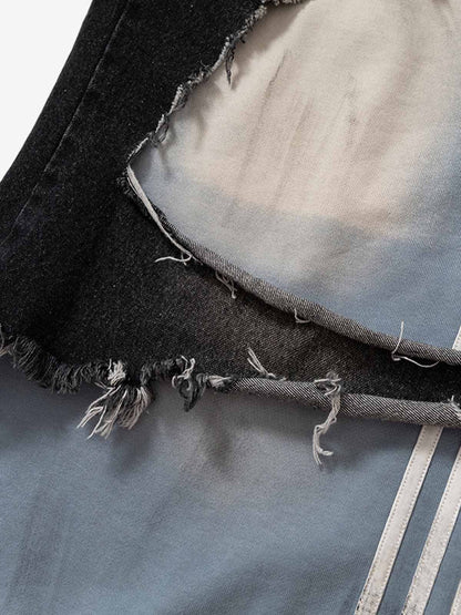 Thesupermade Double-waistband Denim Patchwork Ripped Casual Pants 