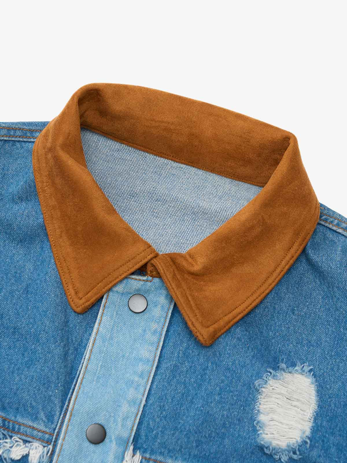Thesupermade Flame-themed Deconstructed Color-contrast Reconstructed Distressed Raw-edge Denim Jacket 