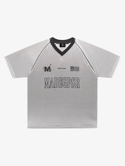 Reflective V-Neck Short Sleeve Top for Casual and Sporty Looks 