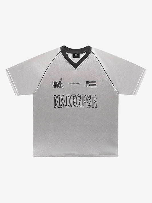 Reflective V-Neck Short Sleeve Top for Casual and Sporty Looks 