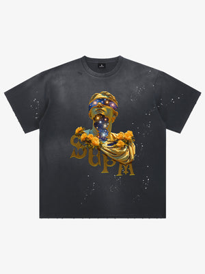 THE SUPERMADE-Wash and splash ink Galaxy Art Print T-Shirt with Cosmic Statue Design for Men and Women 
