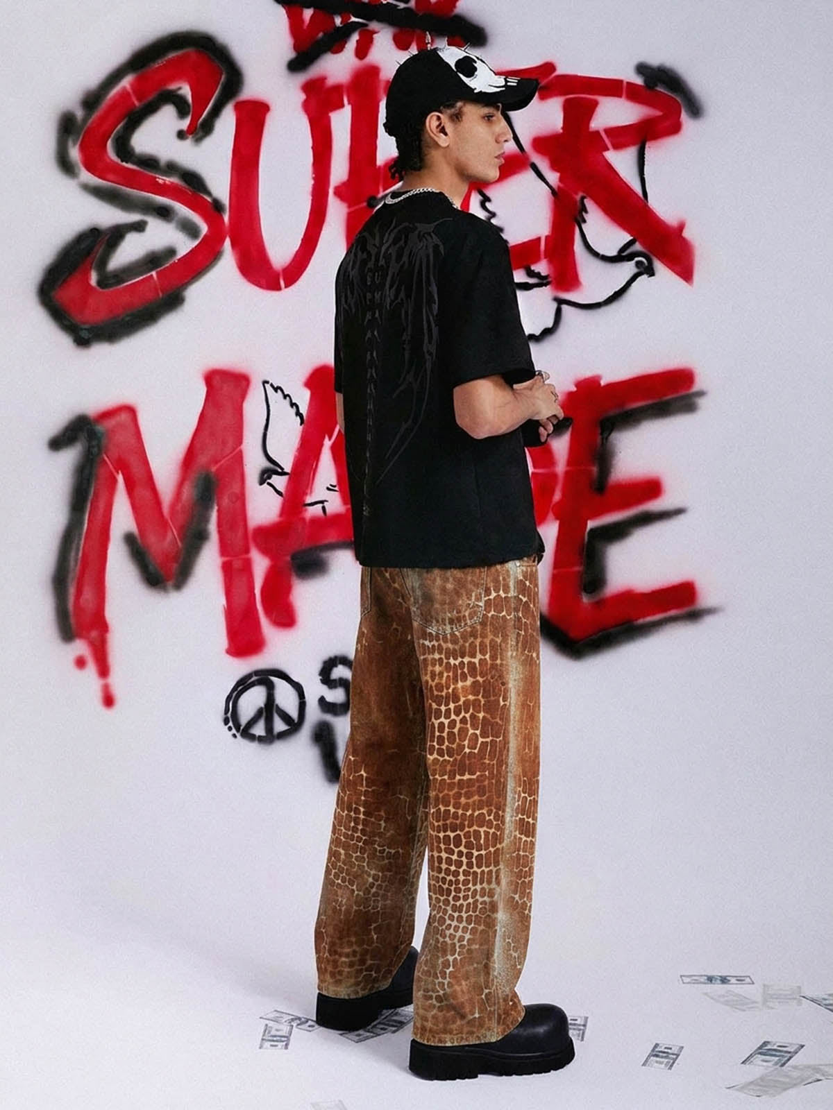 Croc Texture Washed Wide Leg Jeans 