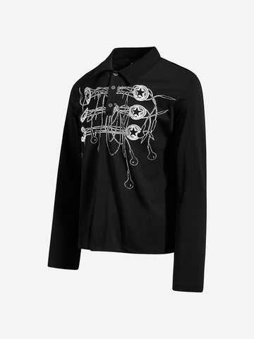 Music Graphic Metal-Button Long Sleeve Polo Shirt