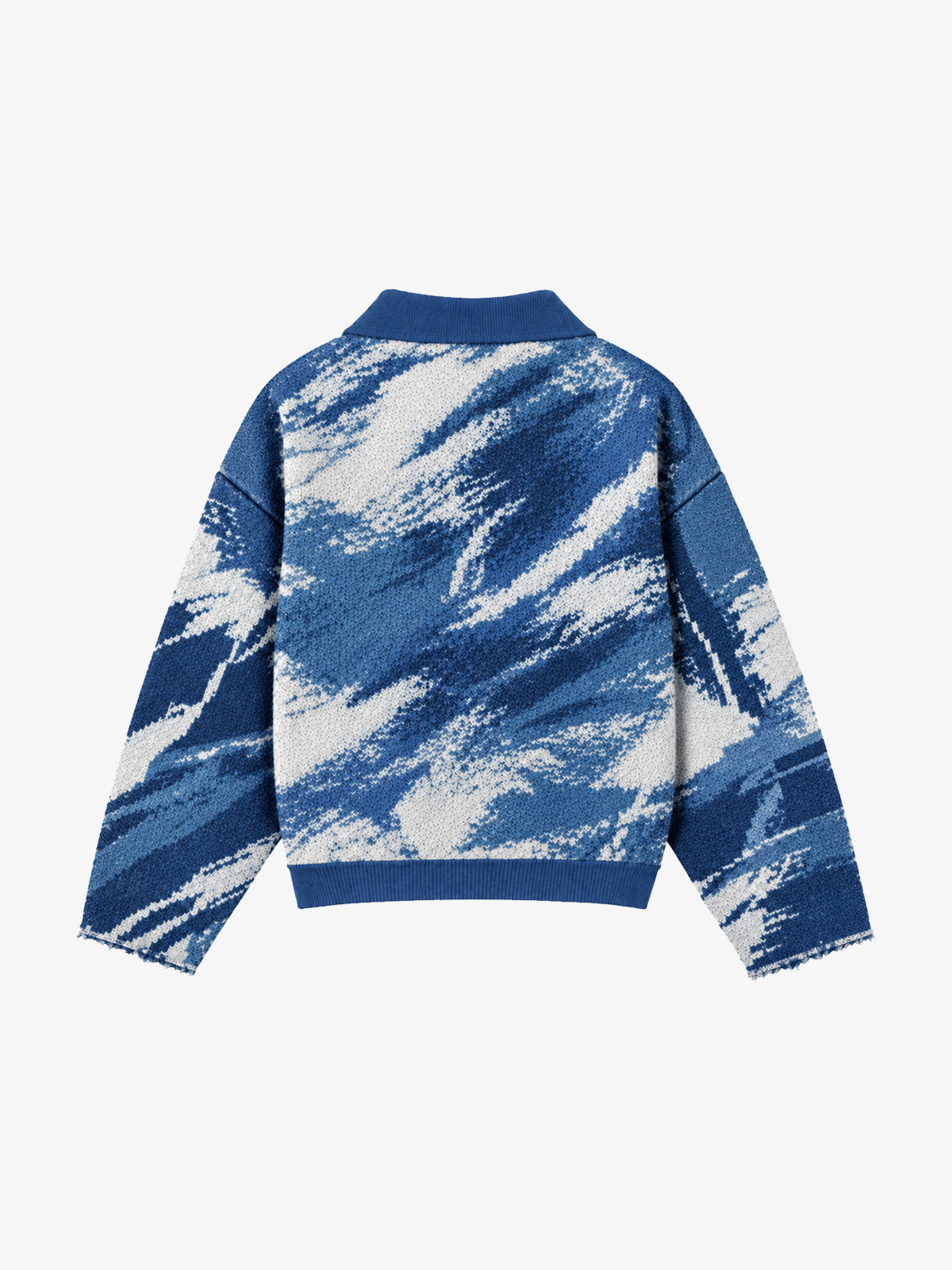Distressed Camo Graphic Jacquard Knit Polo Sweater