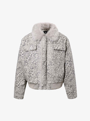 Vintage Leopard Fleece Faux Fur Collar Panel Trim Padded Jacket 