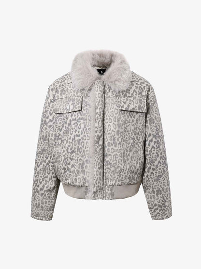 Vintage Leopard Fleece Faux Fur Collar Panel Trim Padded Jacket 