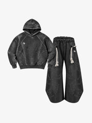 Washed Eyelet Distressed Hoodie & Curved-Leg Sweatpants Set