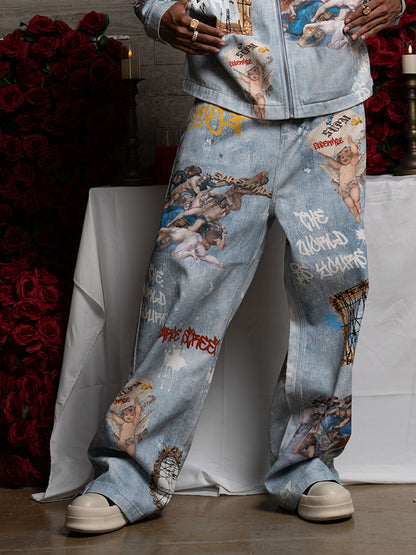 Artistic Denim Wide-Leg Jeans with Angelic Prints and Graffiti Details 