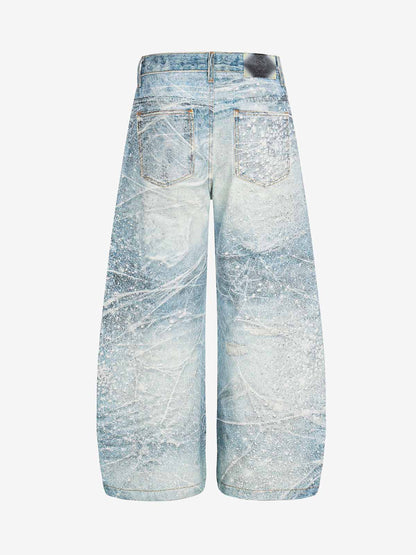 Vintage Washed Rhinestone Wide Leg Denim Jeans