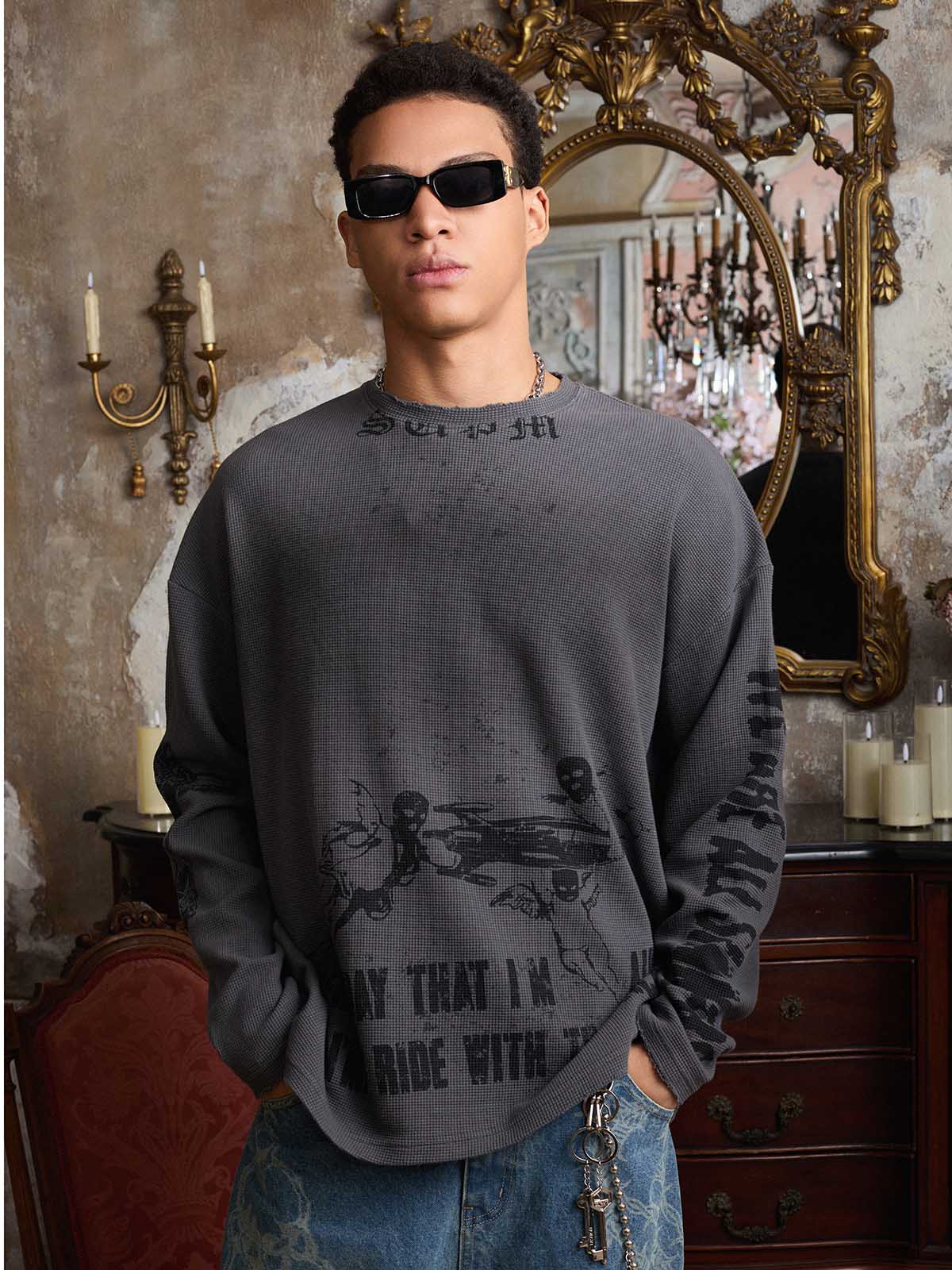 Supermade Waffle-Knit Distressed Gradient Print Long T-Shirt 